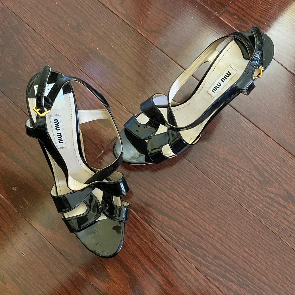 MUI MUI Black Patent Leather Wedge Cork Heel Sandals - Picture 5 of 14